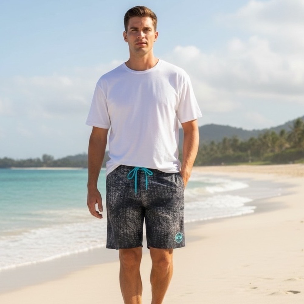 Pelagic Argonaut Mens‎ Board Shorts Grey Teal Scale Print Fishing Trunks Size 34